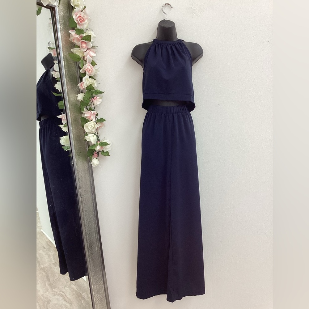 Brielle navy blue crop tank & wide leg pant set